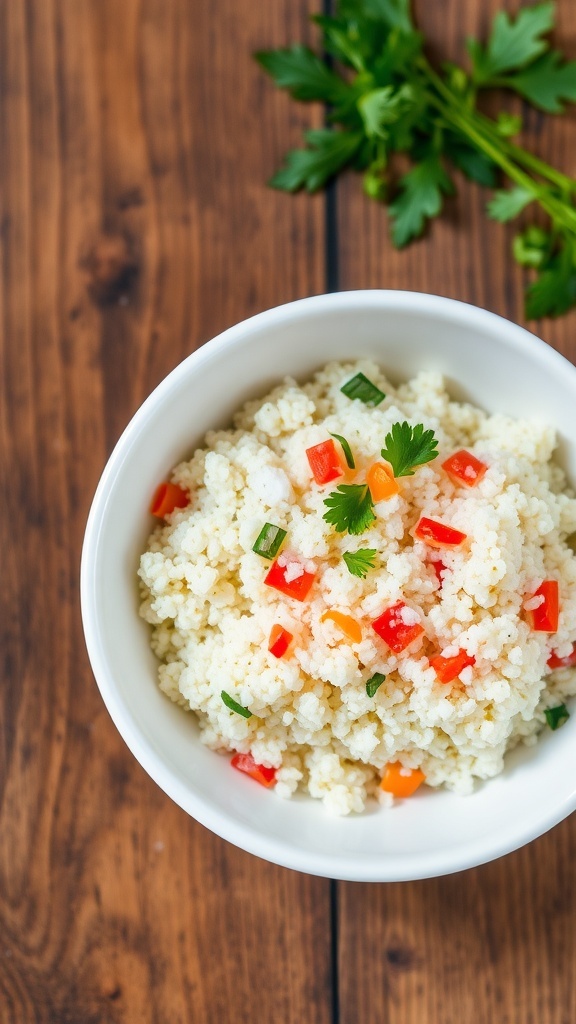 Simple Quinoa Recipe for One A bowl of fluffy quinoa garnished with herbs and vegetables on a wooden table.